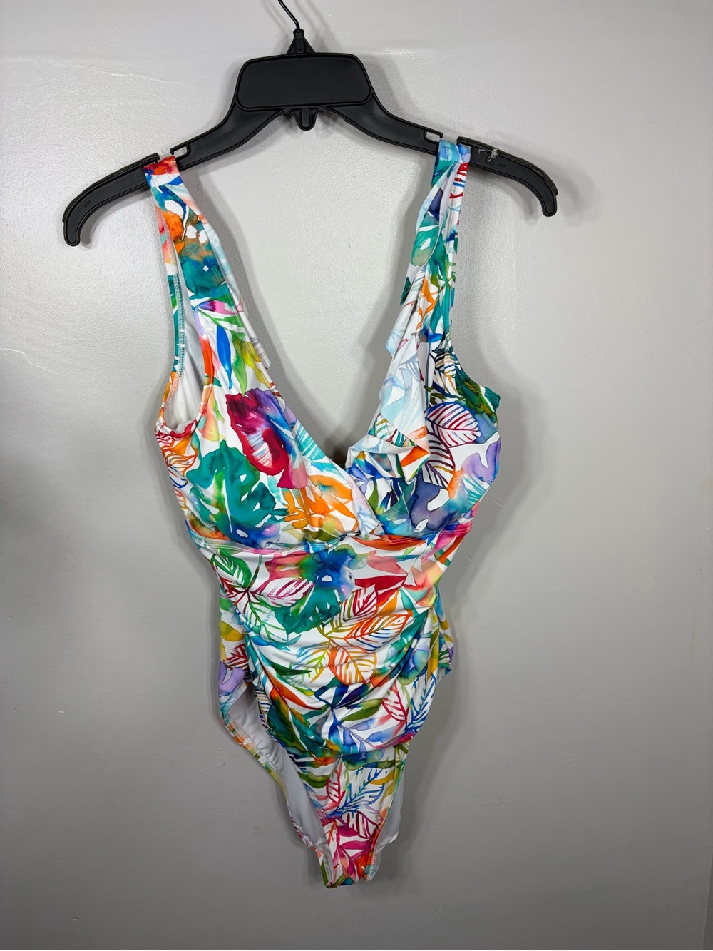 Lauren Ralph Lauren One Piece Swimsuit US 12 Tropical Floral Ruched V Neck